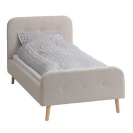 Modern bézs színű kárpitozott ágy fa lábakkal. Méretei: szélesség:104 hosszúság:216 magasság: 101 cm