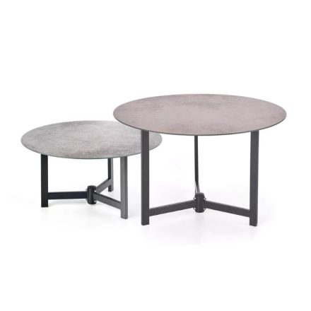 Modern szürkés és barnás tetejű kerek, fém fekete lábú asztal szett. 1. Asztal Méretei: Magasság:43 cm, Átmérő:70 cm 2. Asztal méretei:30cm x 60 cm