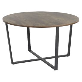 Kerek barna fa dohányzóasztal fekete fém lábakkal. Méretei: Magasság: 47 cm Szélesség: 80 cm Hossz: 80 cm