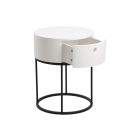 Stílusos extravagáns kerek fehér lakozott fa éjjeliszekrény 1 fiókkal, fekete fém lábakkal. Méretei: Szélesség: 40cm Mélység: 40cm Magasság: 51cm 