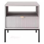 Modern matt világosszürke 1 fiókos éjjeliszekrény fekete fém lábakkal. Méretei: Szélesség: 54 cm Magasság: 56 cm Mélység: 39 cm