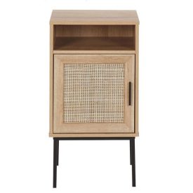 Világos fa, rattan éjjeliszekrény fém lábakkal. Méretei: Magasság: 78 cm Szélesség: 40 cm Mélység: 40 cm Lábak magassága: 24 cm