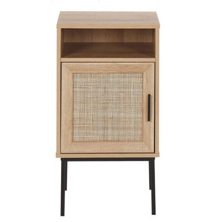 Világos fa, rattan éjjeliszekrény fém lábakkal. Méretei: Magasság: 78 cm Szélesség: 40 cm Mélység: 40 cm Lábak magassága: 24 cm