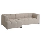 bézs színű három személyes sarokkanapé szövet huzattal.  ülő és hátrész: habszivacs.  méretek: SZ246 x MA68 x MÉ88/131 cm