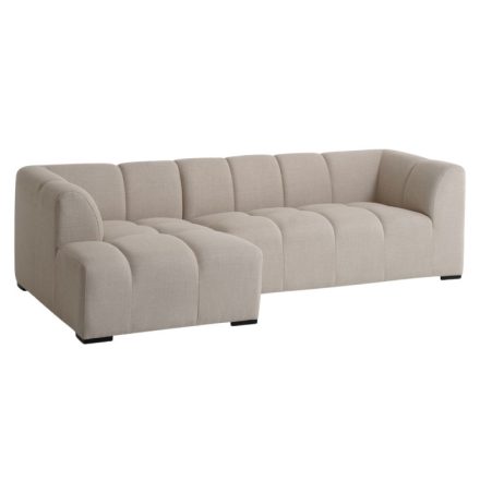 bézs színű három személyes sarokkanapé szövet huzattal.  ülő és hátrész: habszivacs.  méretek: SZ246 x MA68 x MÉ88/131 cm