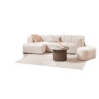 bézs színű három személyes sarokkanapé szövet huzattal.  ülő és hátrész: habszivacs.  méretek: SZ246 x MA68 x MÉ88/131 cm