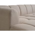bézs színű három személyes sarokkanapé szövet huzattal.  ülő és hátrész: habszivacs.  méretek: SZ246 x MA68 x MÉ88/131 cm