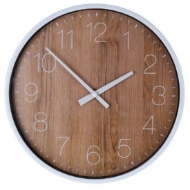 Műanyagból készült, fa hatású óralappal ellátott, analóg falióra.Mérete: kb. 27/26/10cm