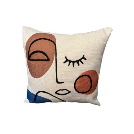 Díszpárna terrakotta–kék absztrakt arc mintával mérete: 45*45 cm