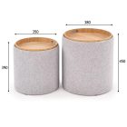 Minimál szürke szövet2 darabos puff szett natúr fa tetővel, tároló funkcióval. Méreteik: Magasság:450 mm Átmérő:380 mm Puff méretek:390 x 350 mm