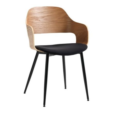 Modern fekete szövet kárpitozású tölgyfurnér háttámlájú szék fekete acél lábakkal. Szélesség: 52 cm, Magasság: 79 cm, Mélység: 51 cm